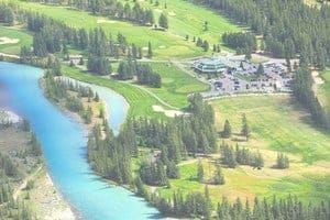 Aerial shot of Banff Springs golf course & Spray River