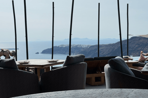 table with view the pool and the aegean ocean