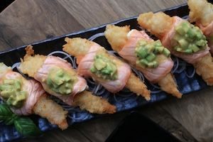 Carefully prepared Japanese tempura on long white platter