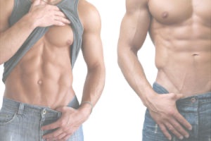 Close up of two men revealing chiseled abs and muscly arms
